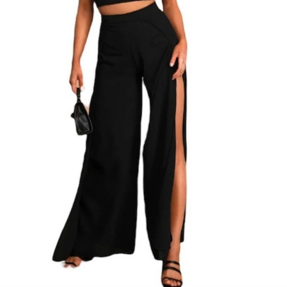 Lulu's Out Tonight high waisted wide high slit pants size XS